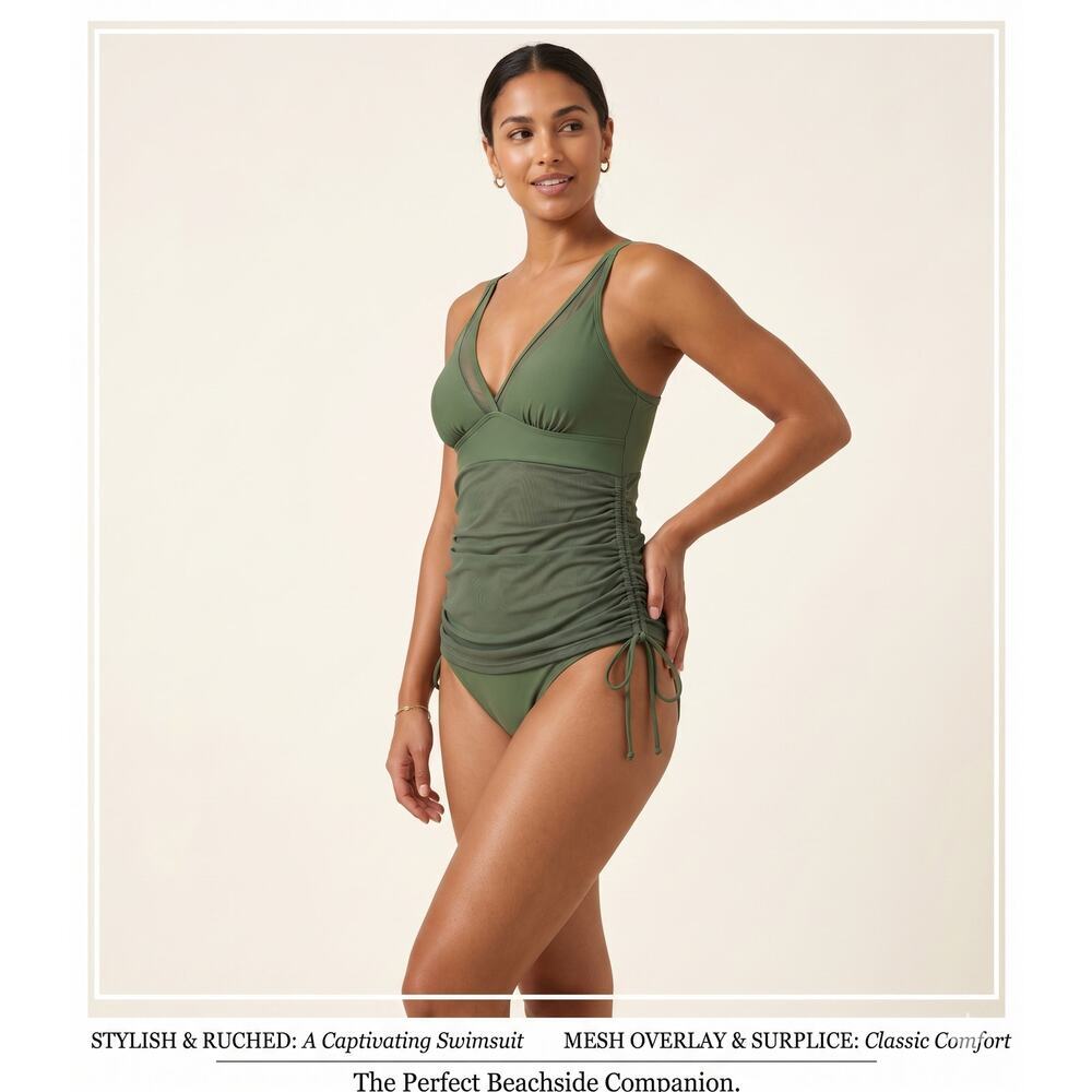 Green Mesh Sarong One Piece Modest Swimsuit Ruched Olive Sage Swimwear M